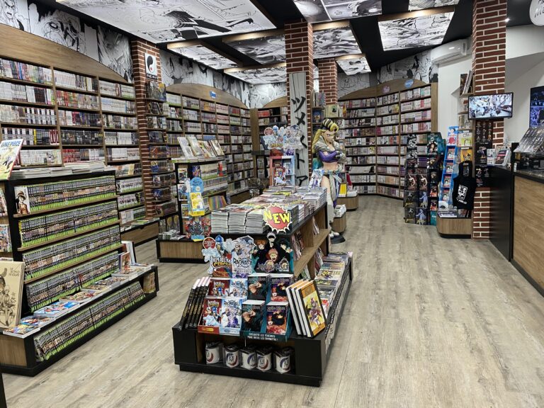 Photographie de l'espace de vente de la boutique de manga avec la vue des dessins au plafond des dessinateurs de Tsumé.