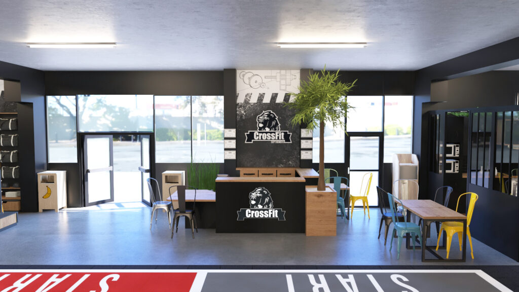 Rendu 3D de l'espace accueil avec le nouveau bureau pour accueillir la clientèle de la salle de CrossFit.