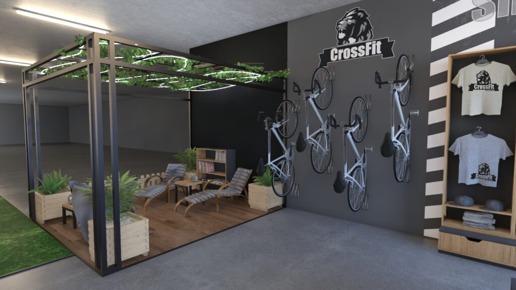 Prévisualisation en 3D pour l'espace de détente de la salle de CrossFit sept deniers.