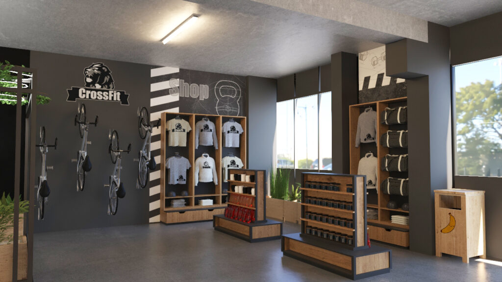 Rendu 3D de l'espace boutique de la salle de CrossFit de Sept Deniers.