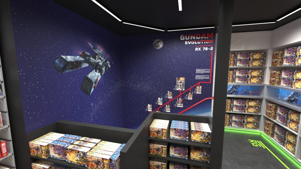 Plongez dans la profondeur visuelle de l'escalier 3D du Bandai Hobby Store, une création virtuelle élaborée par REDHOOD. Chaque marche représente la montée de notre expertise en aménagement d'espace, offrant un aperçu saisissant de l'harmonie entre design innovant et univers Gundam.