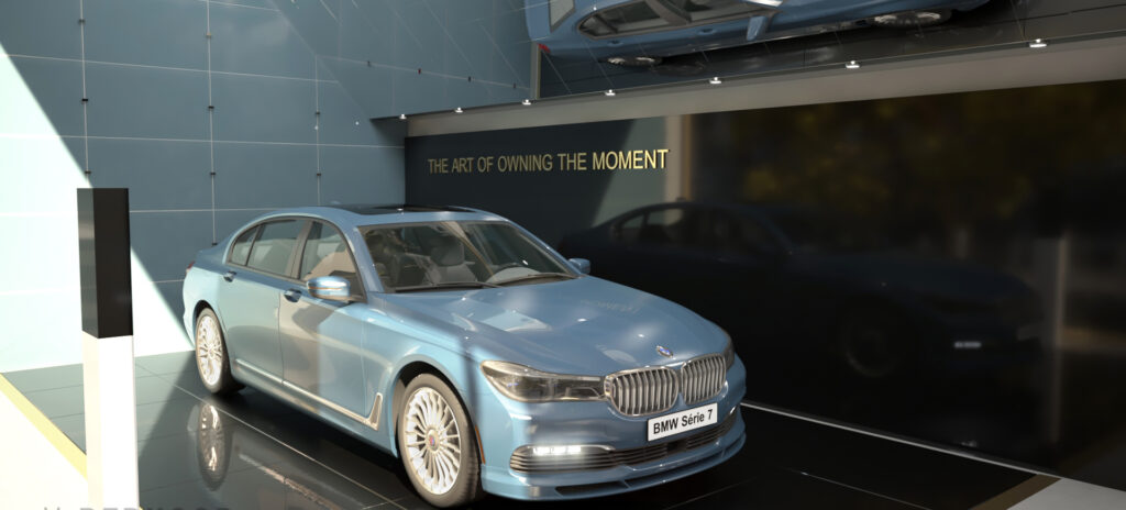 Nouvelle perspective 3D du Concept Store BMW à Paris, élaborée par Redhood Agency. Cette vue offre une immersion captivante dans l'atmosphère raffinée et futuriste du concept store, soulignant l'expertise de notre agence en matière de design innovant.