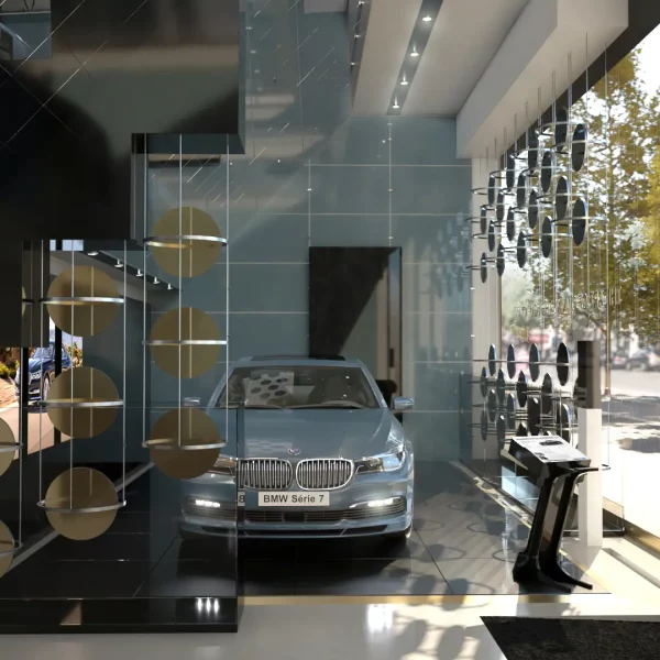 Vue 3D du concept store parisien de la marque BMW, conçu avec créativité par Redhood Agency. L'image illustre l'élégance et l'innovation du design intérieur, mettant en valeur l'expérience immersive que notre agence a imaginée pour refléter l'esprit avant-gardiste de BMW.